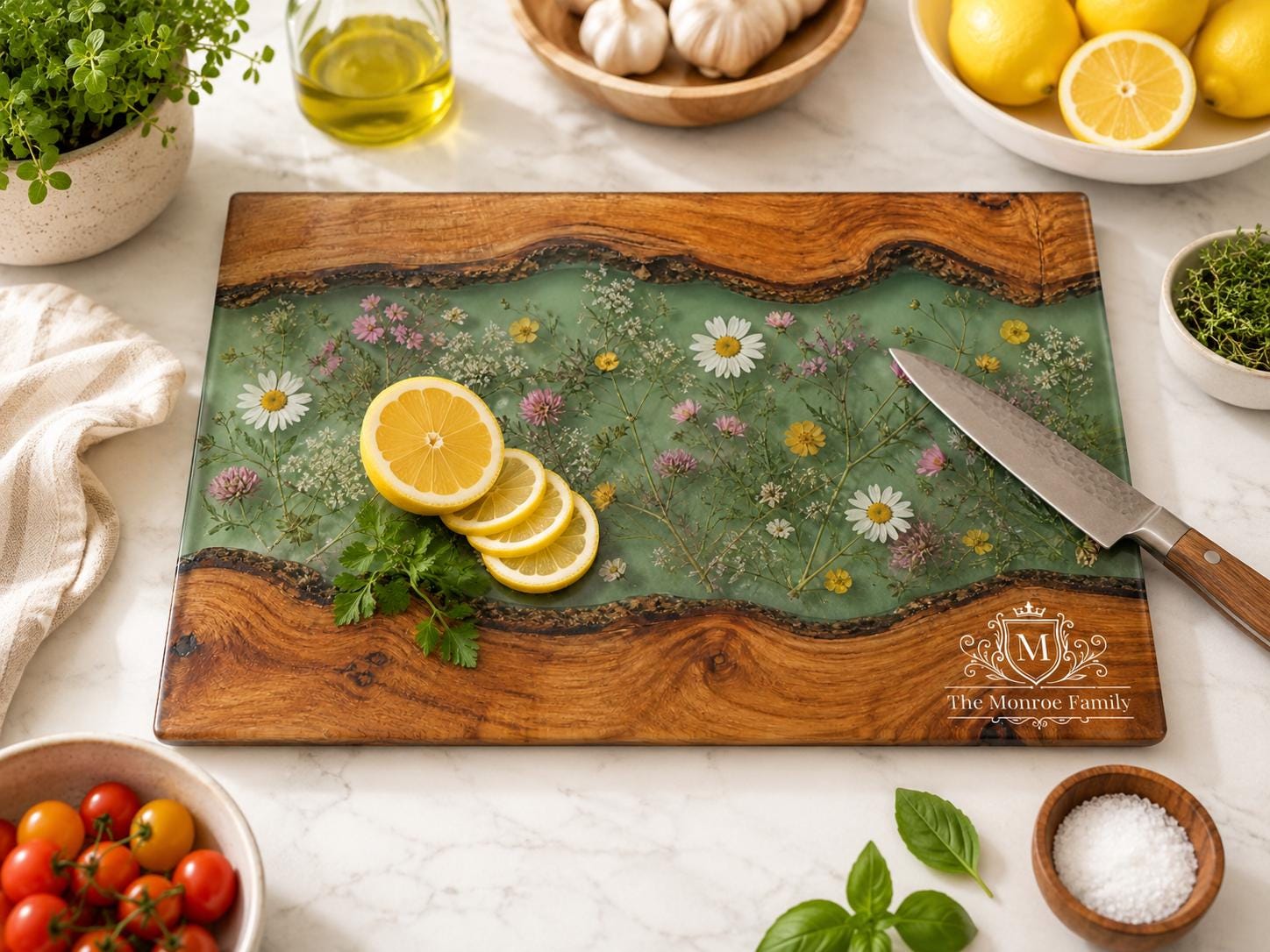 Personalized Cutting Board, Green Floral Chopping Board, Family Kitchen Gift