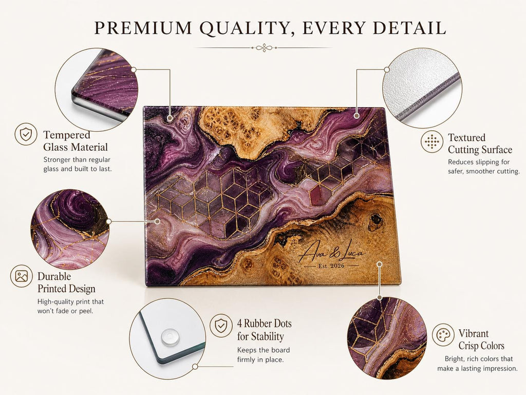 Personalized Glass Cutting Board, Purple Geode Kitchen Decor, Custom Couple Name Board, Wedding or Anniversary Gift