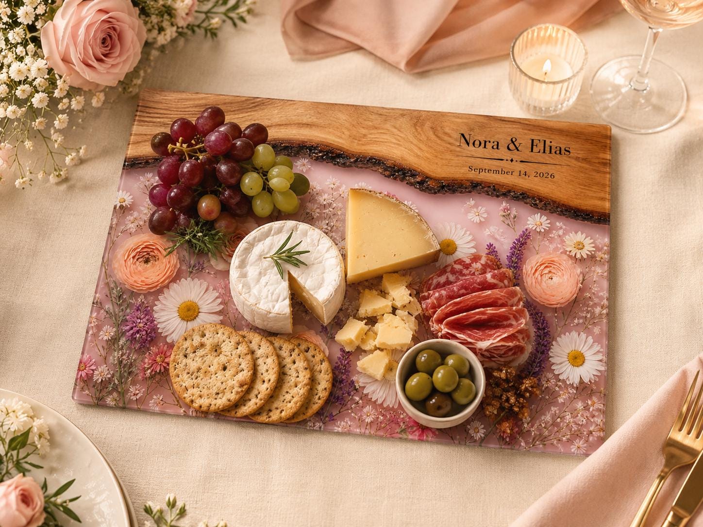 Glass Cutting Board - Purple Geode Design with Custom Couple Names