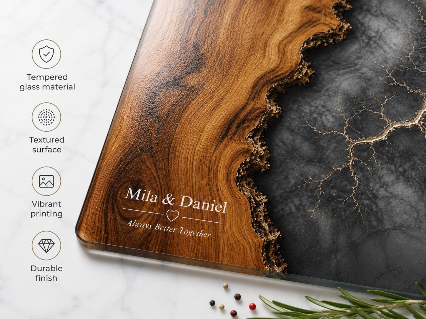 Personalized Cutting Board, Glass Gray Marble Chopping Board, Wedding Gift Idea