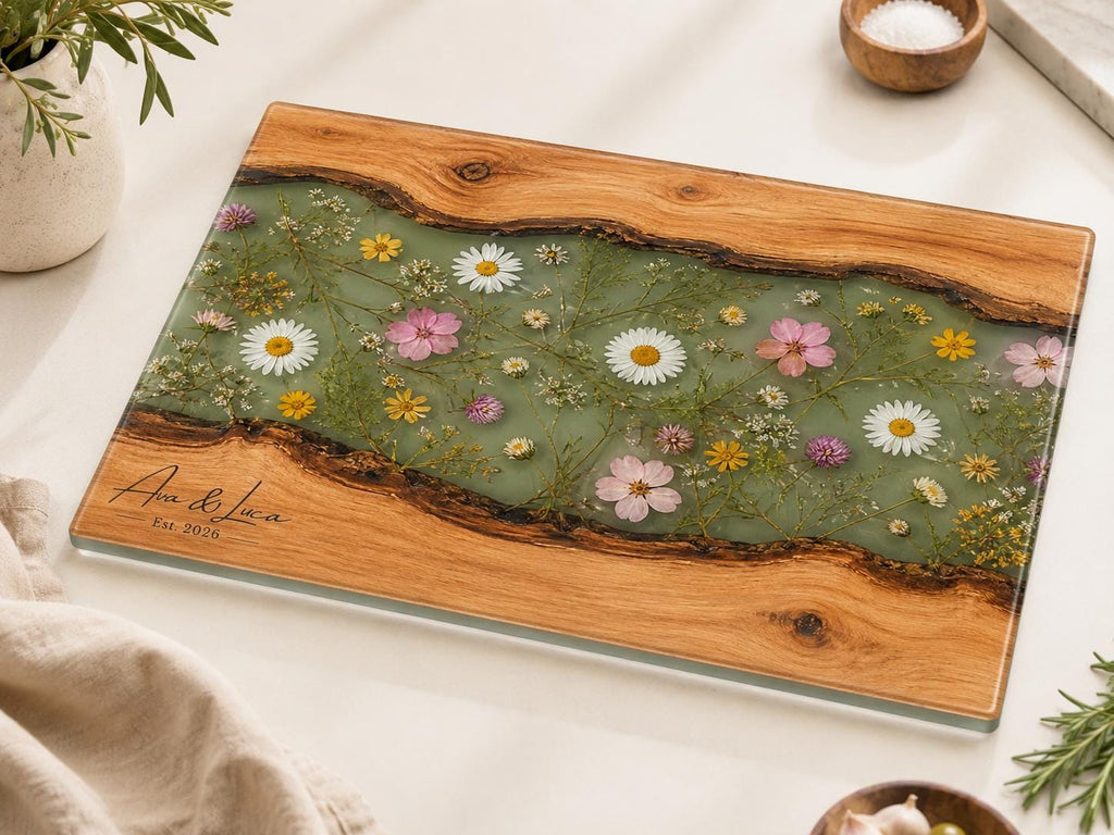 Custom Glass Cutting Board - Blue Resin Style with Gold Details
