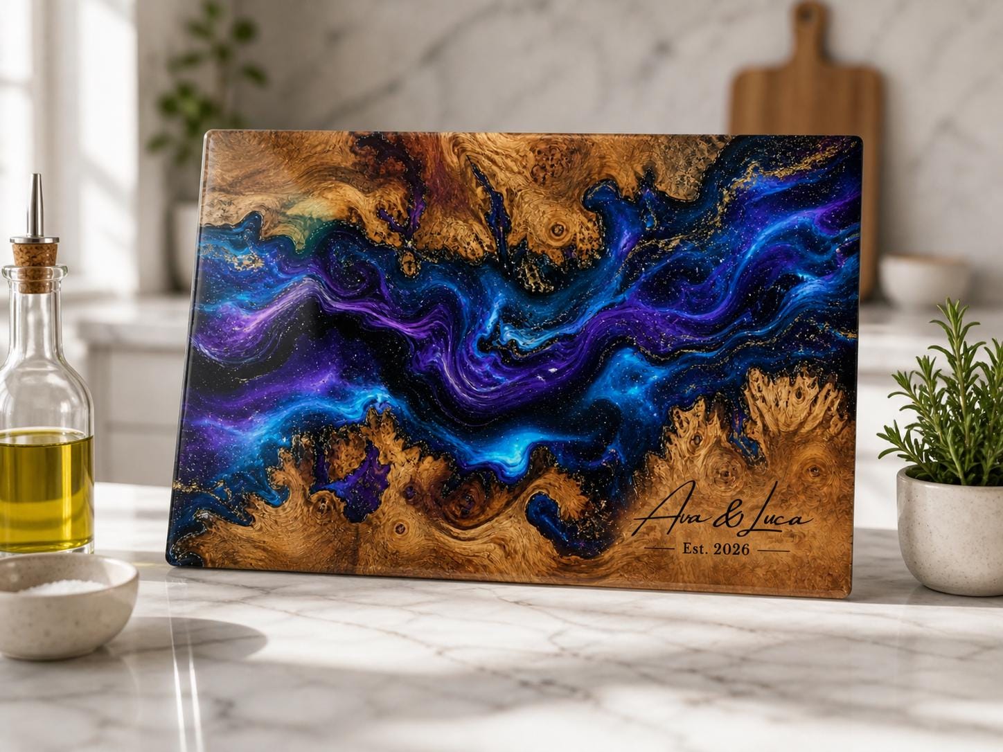 Personalized Glass Charcuterie Board, Blue Purple Galaxy Serving Board, Custom Couple Name Cutting Board Gift