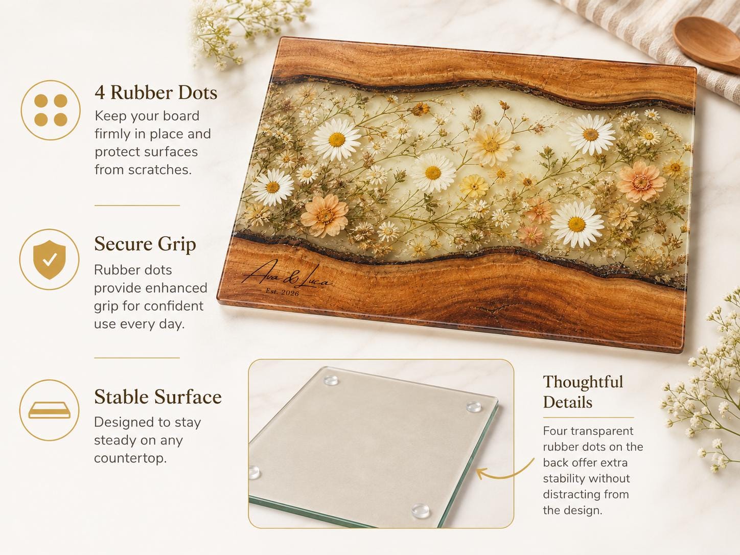 Personalized Floral Cutting Board, Neutral Daisy Glass Board, Custom Wedding Kitchen Gift
