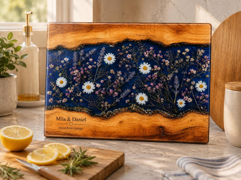 Personalized Glass Cutting Board: Blue Resin Look with Gold Accents