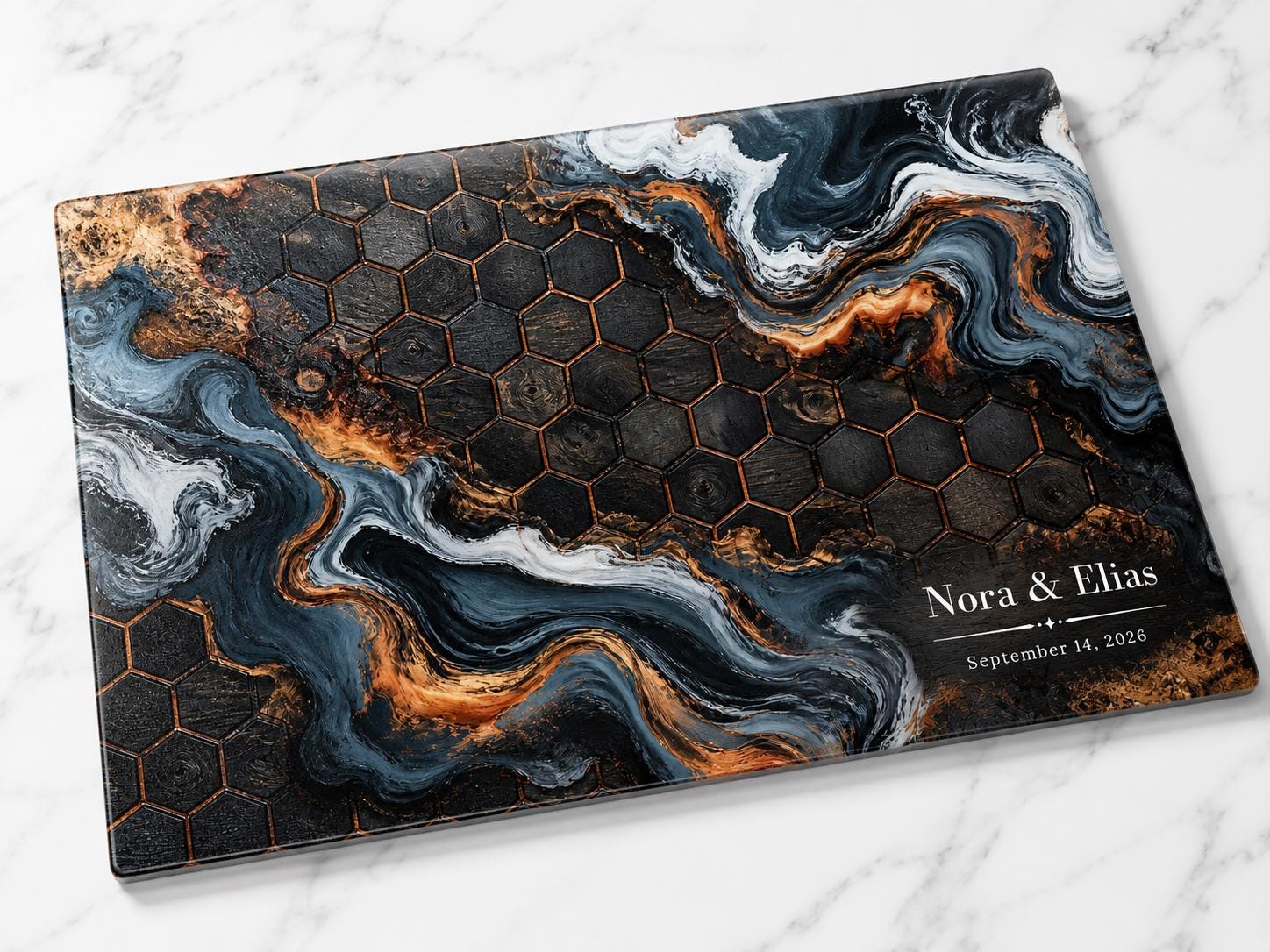 Custom Glass Cutting Board - Blue Resin Style with Gold Detail