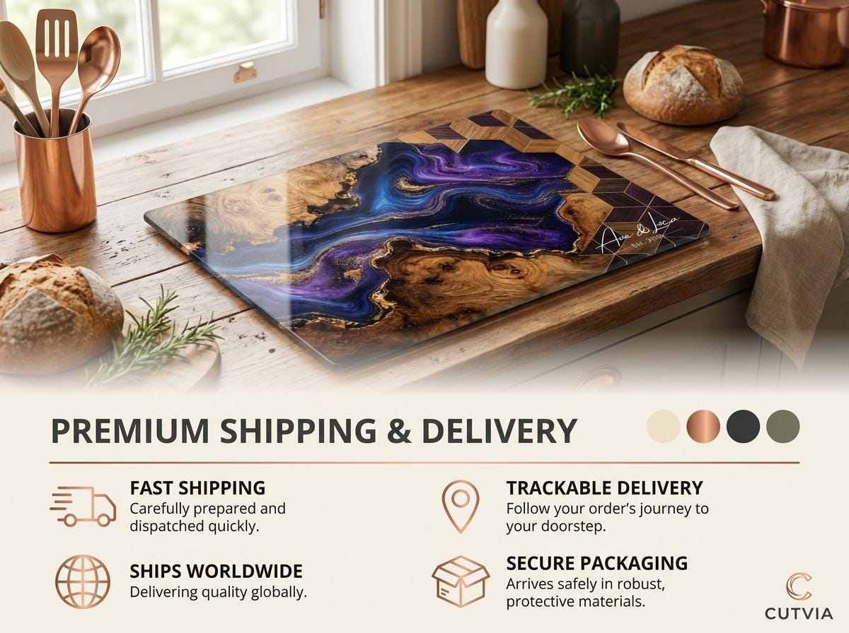 Personalized Glass Chopping Board, Blue Purple Resin River Look, Custom Family Name Kitchen Gift