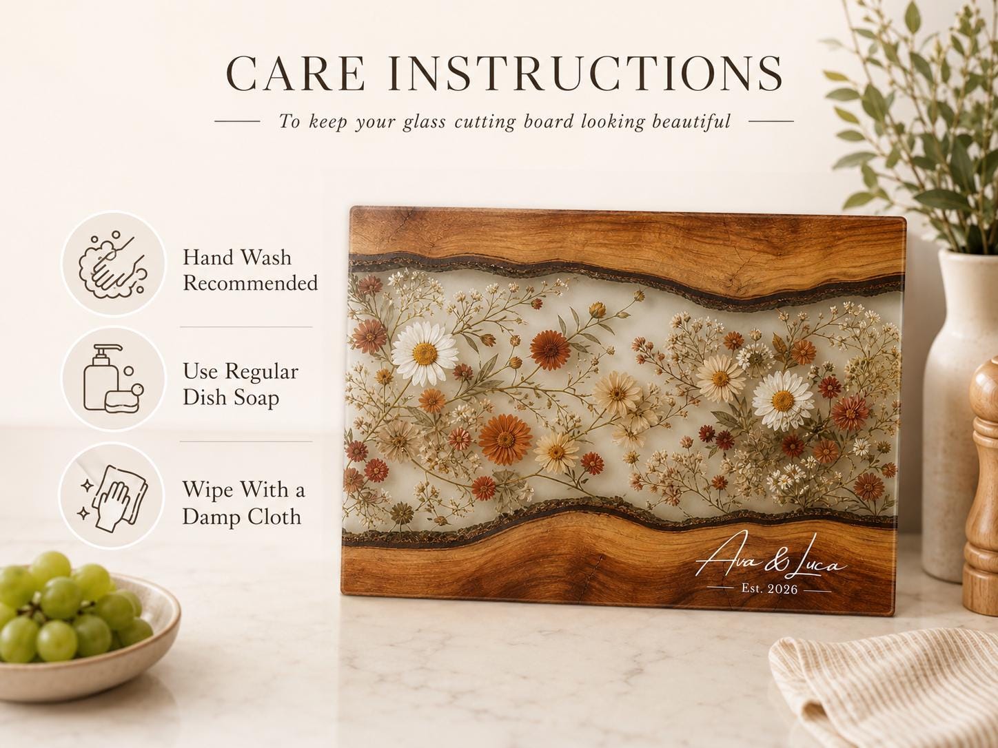Personalized Floral Cutting Board, Custom Wood Chopping Board, Wildflower Charcuterie Board, Cheese Board Serving Tray