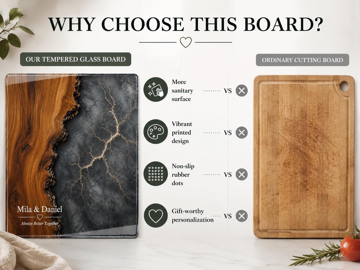 Personalized Cutting Board, Glass Gray Marble Chopping Board, Wedding Gift Idea