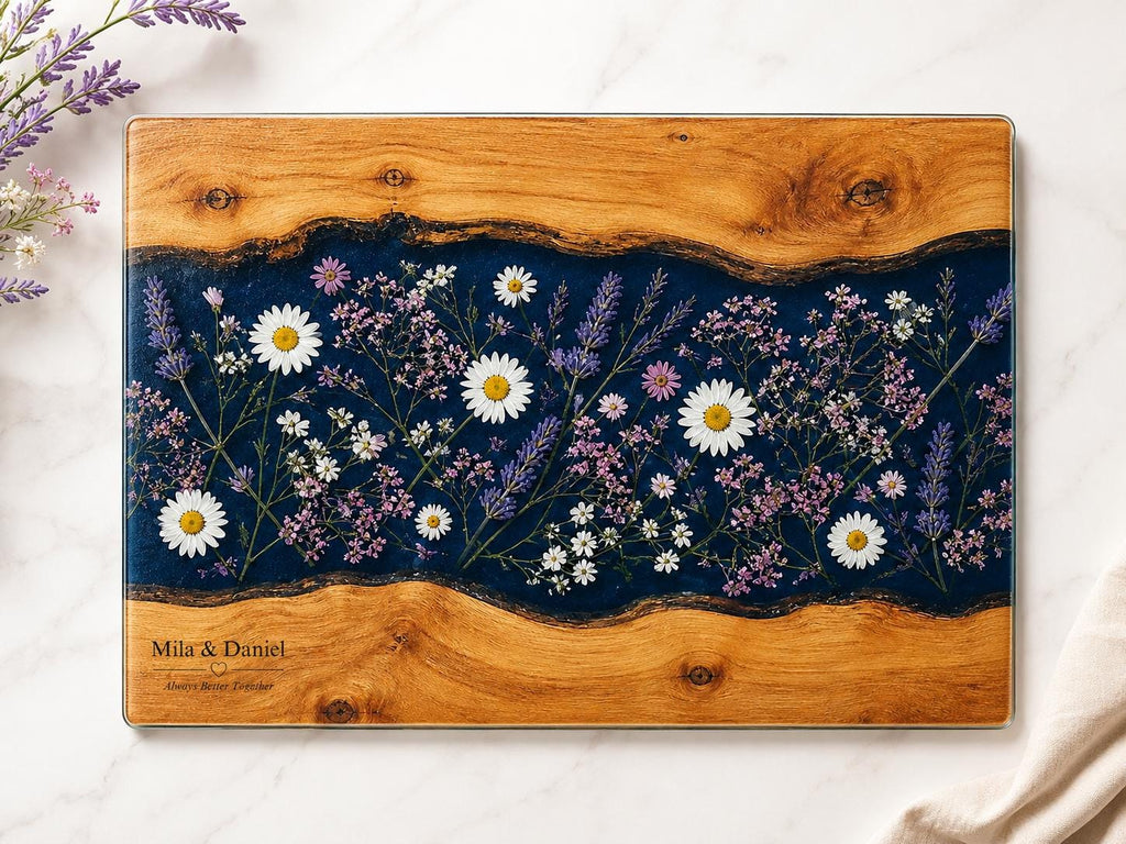 Personalized Glass Cutting Board, Blue Resin & Wood Design (8x11 or 11x15)