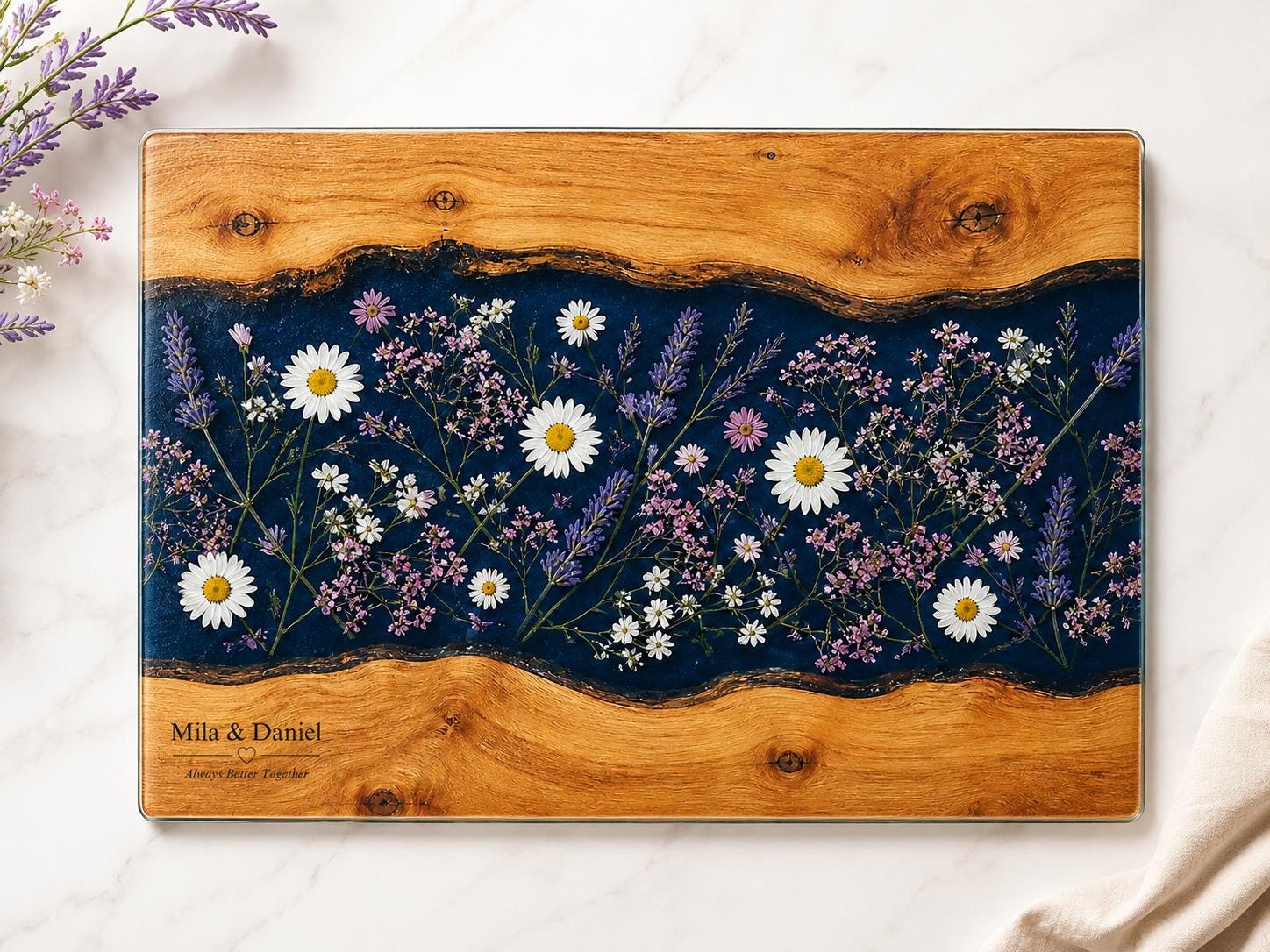 Personalized Glass Cutting Board, Blue Resin & Wood Design (8x11 or 11x15)