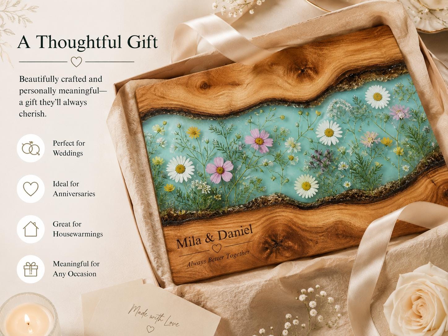 Personalized Cheese Board, Floral Cutting Board, Custom Couple Kitchen Gift
