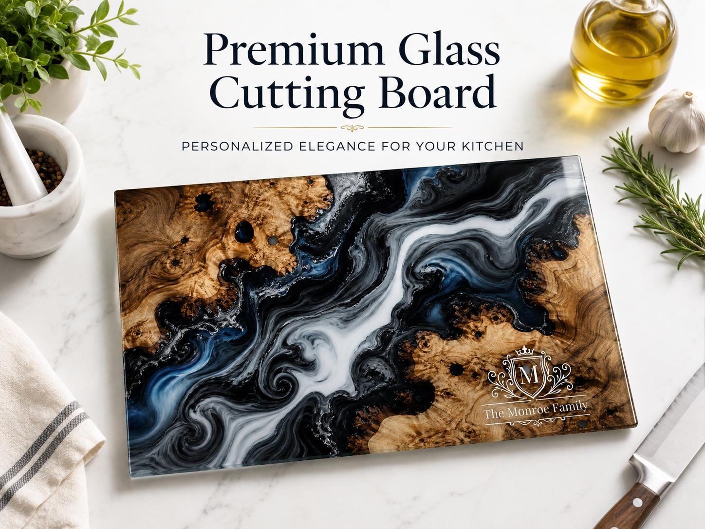 Personalized Glass Cutting Board - Purple Geode Art with Custom Names