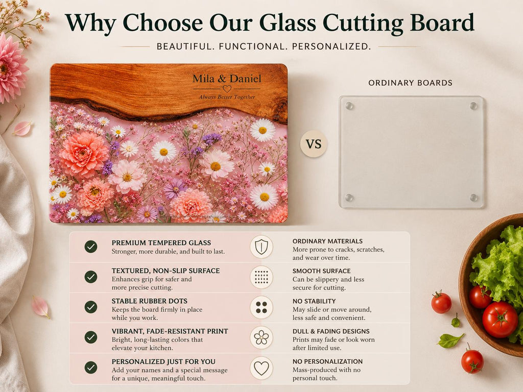 Personalized Glass Cutting Board, Pink Floral Tempered Glass Board, Custom Couple Wedding Gift