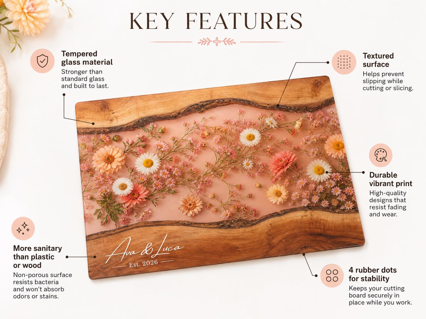 Personalized Blush Floral Kitchen Decor Board, Custom Couple Serving Board, Romantic Housewarming Gift