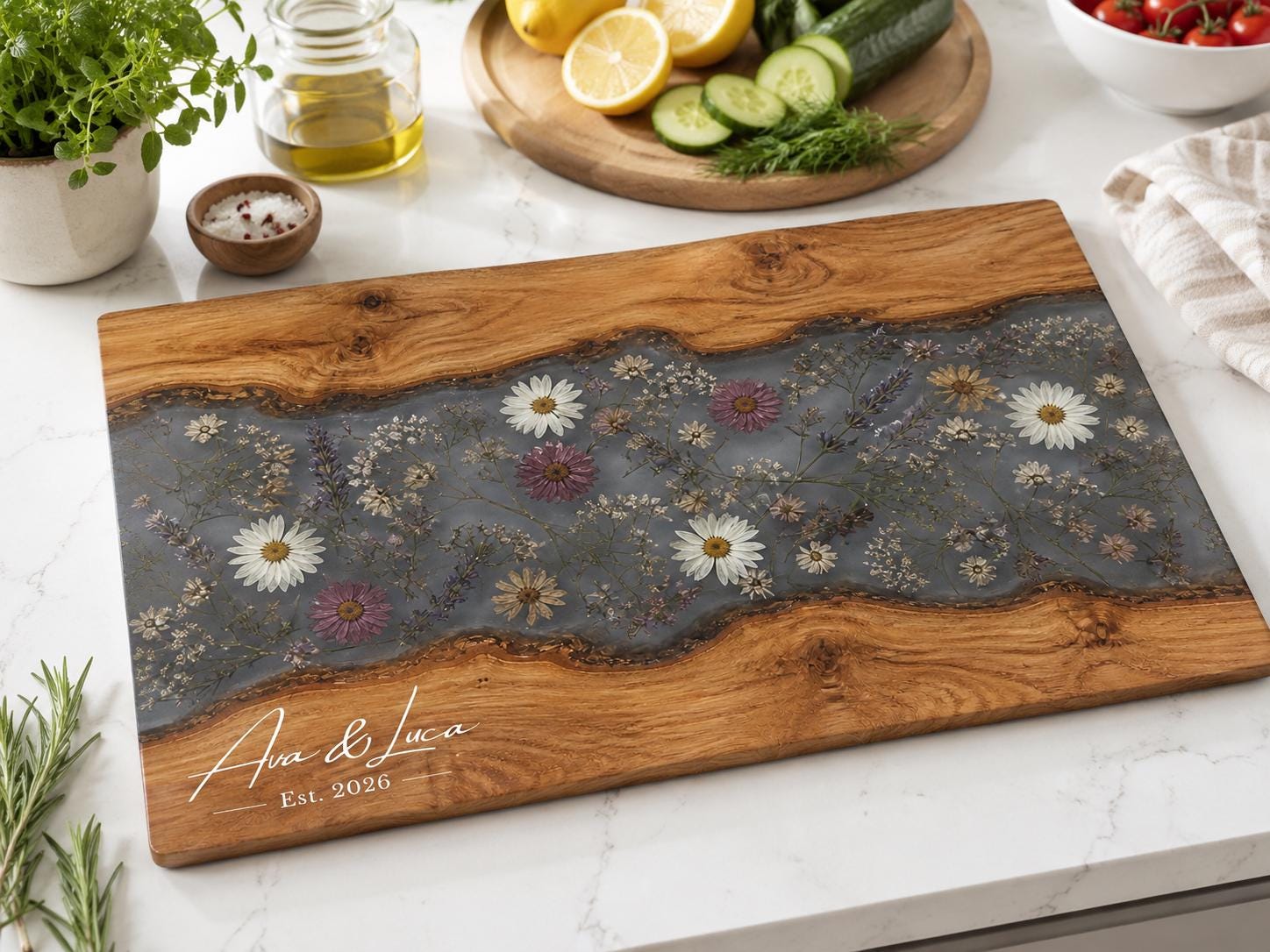 Personalized Charcuterie Board, Gray Floral Cutting Board, Housewarming Gift