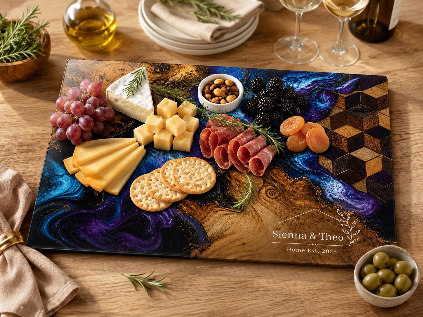 Personalized Glass Cutting Board: Floral Design - Rustic Wood Style