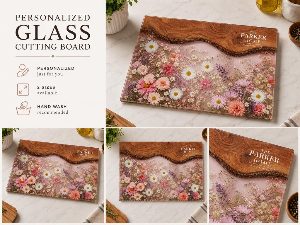 Personalized Glass Cutting Board: Purple Geode Design with Names