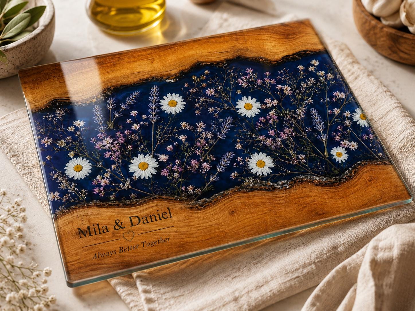 Personalized Glass Cutting Board: Blue Resin Look with Gold Accents