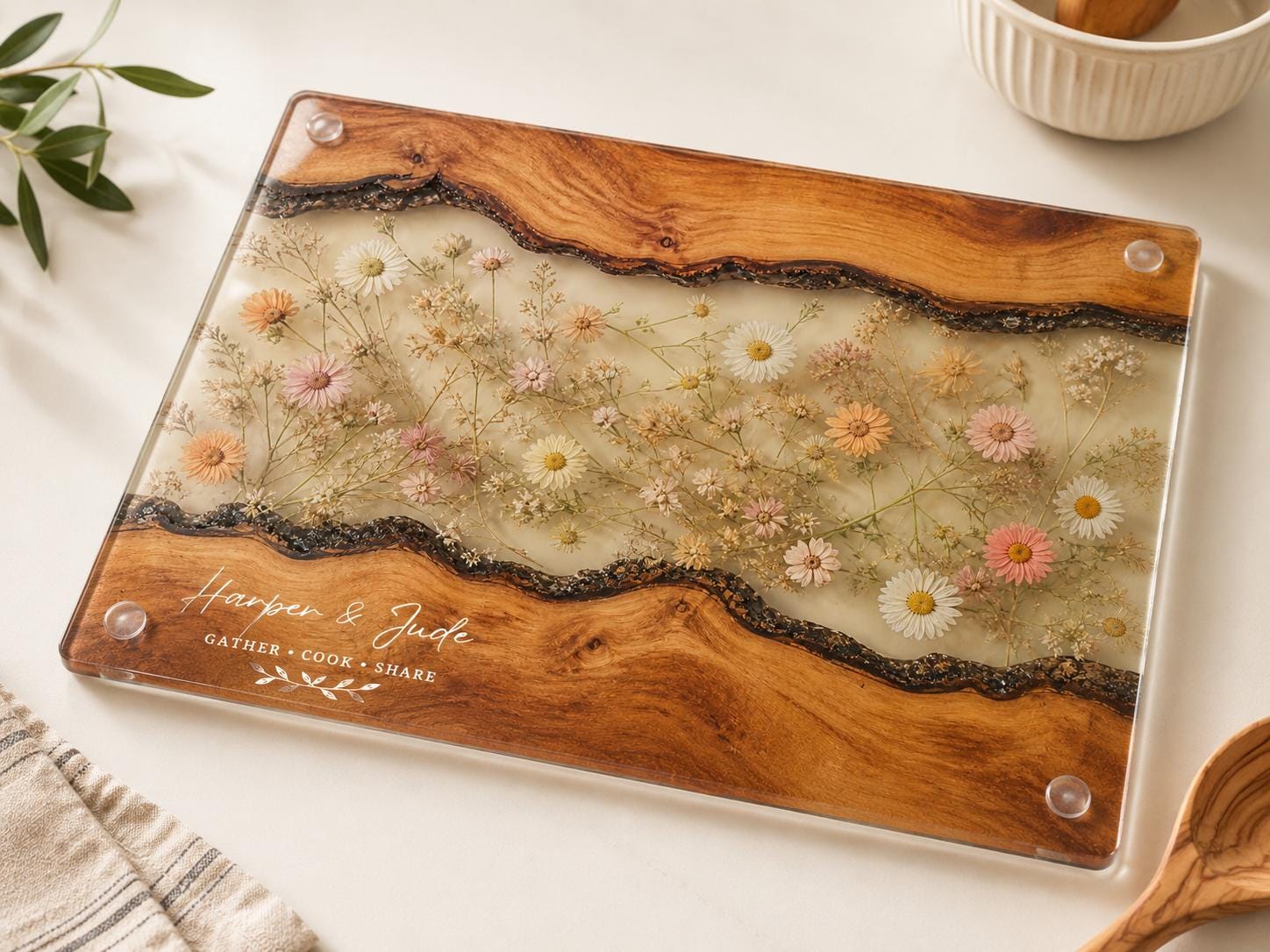 Couples Personalized Cutting Board, Blue Resin and Wood Grain (Custom Names)