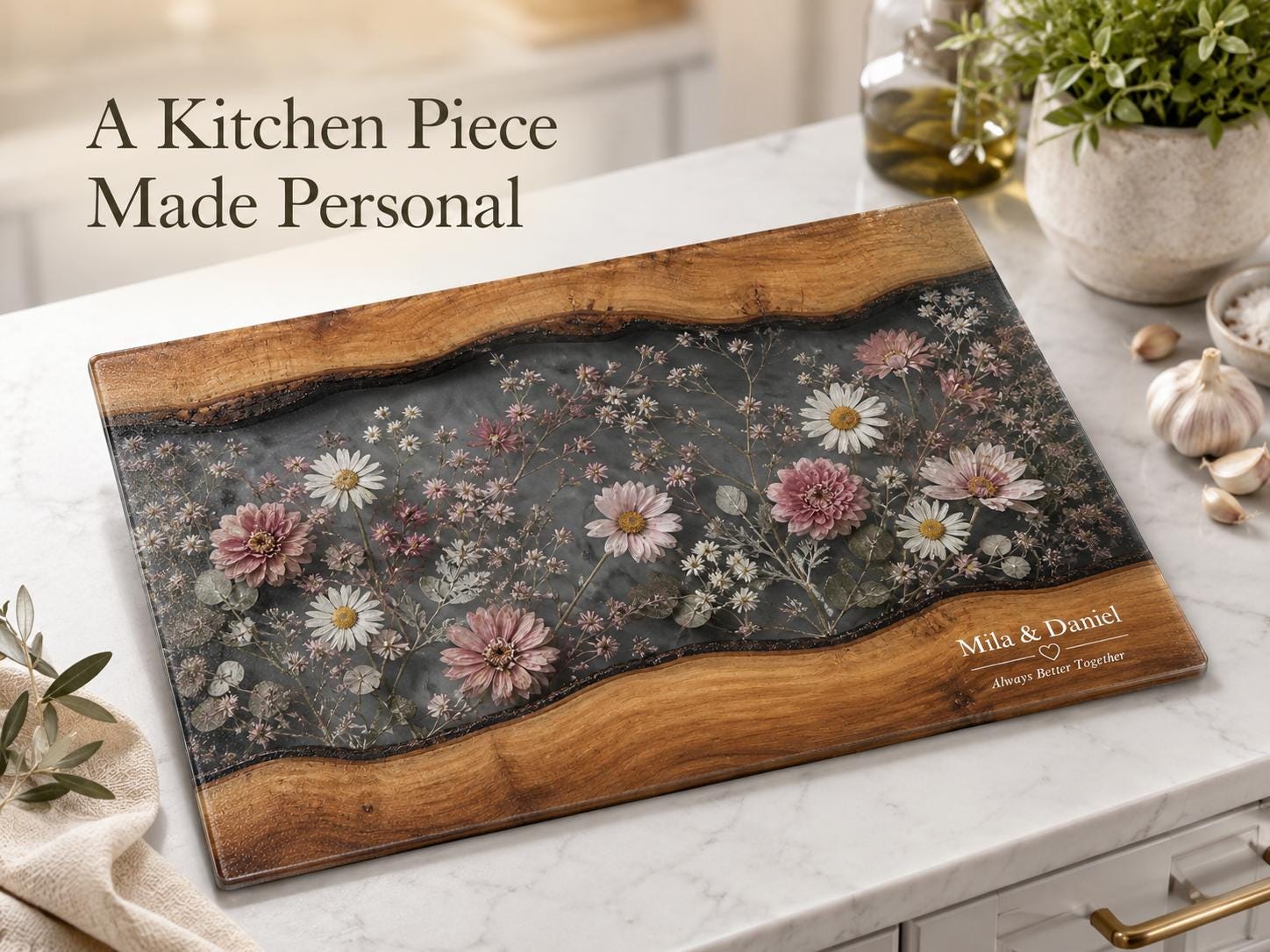 Personalized Floral Cutting Board, Dark Wildflower Glass Board, Custom Couple Kitchen Gift