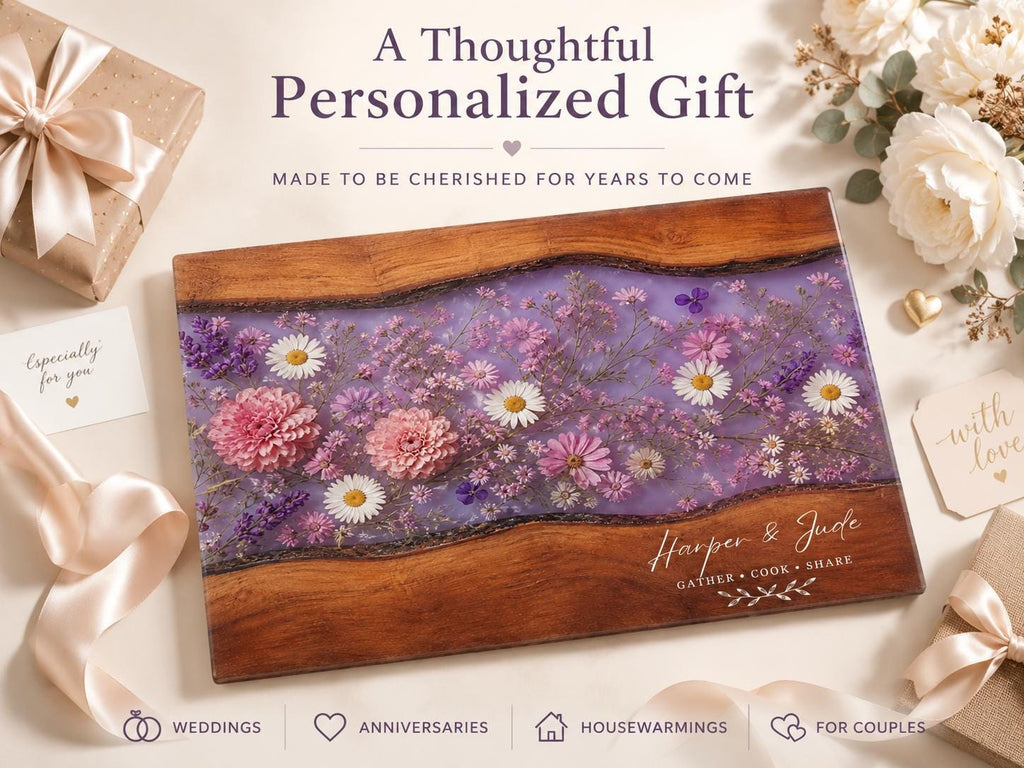 Personalized Floral Cutting Board, Purple Wildflower Glass Board, Custom Kitchen Gift for Housewarming