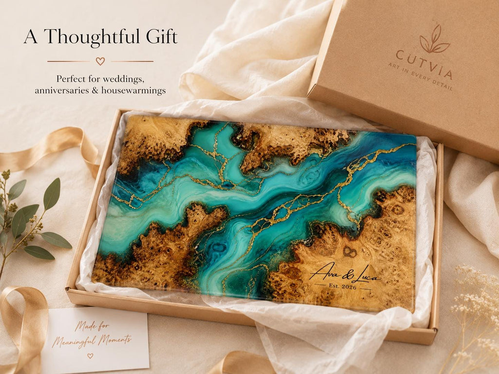 Custom Serving Board, Teal Gold Charcuterie Board, Personalized Kitchen Gift for Couple