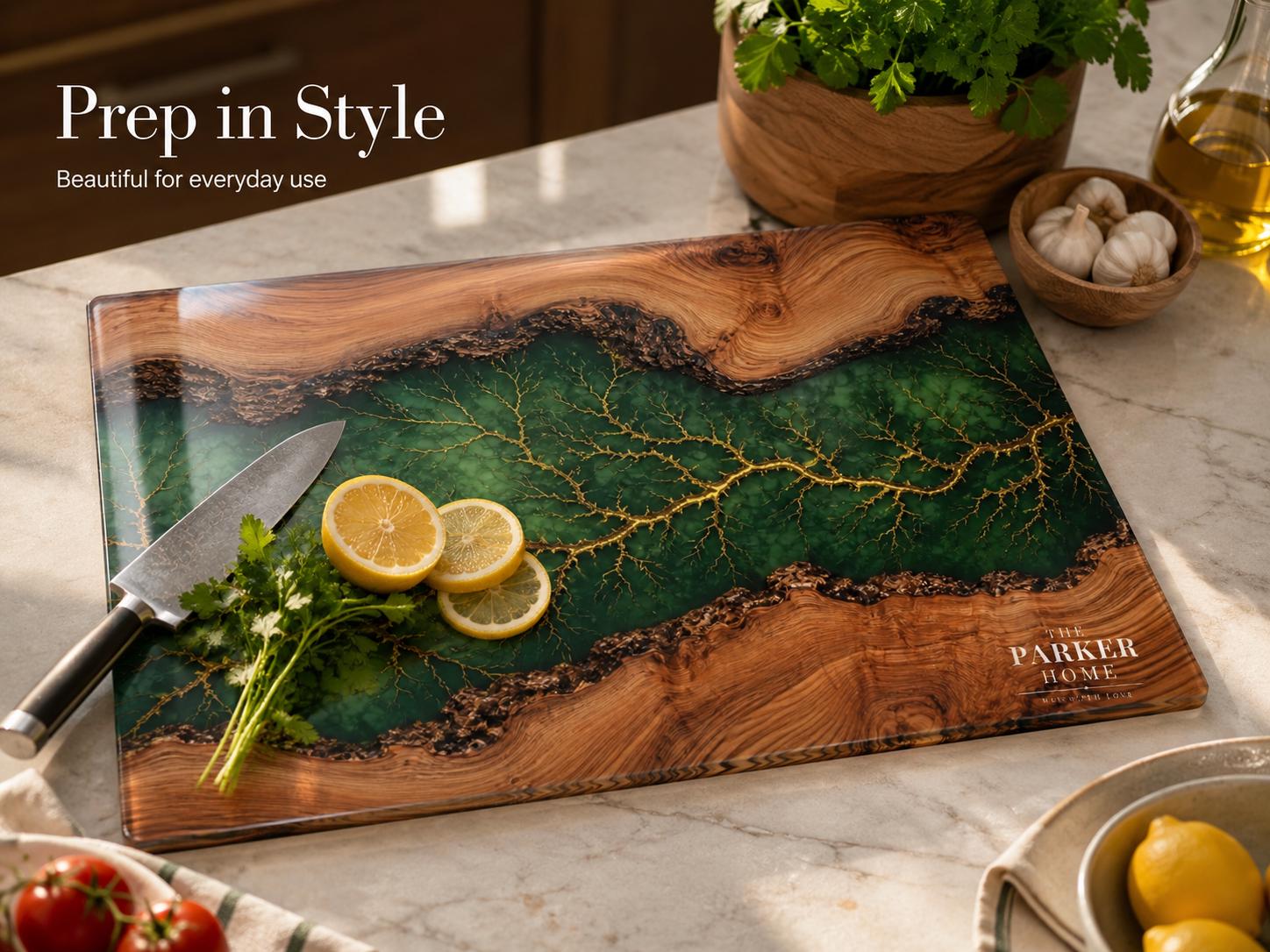 Personalized Emerald Geode Glass Board, Custom Family Kitchen Decor, Wood Look Housewarming Gift