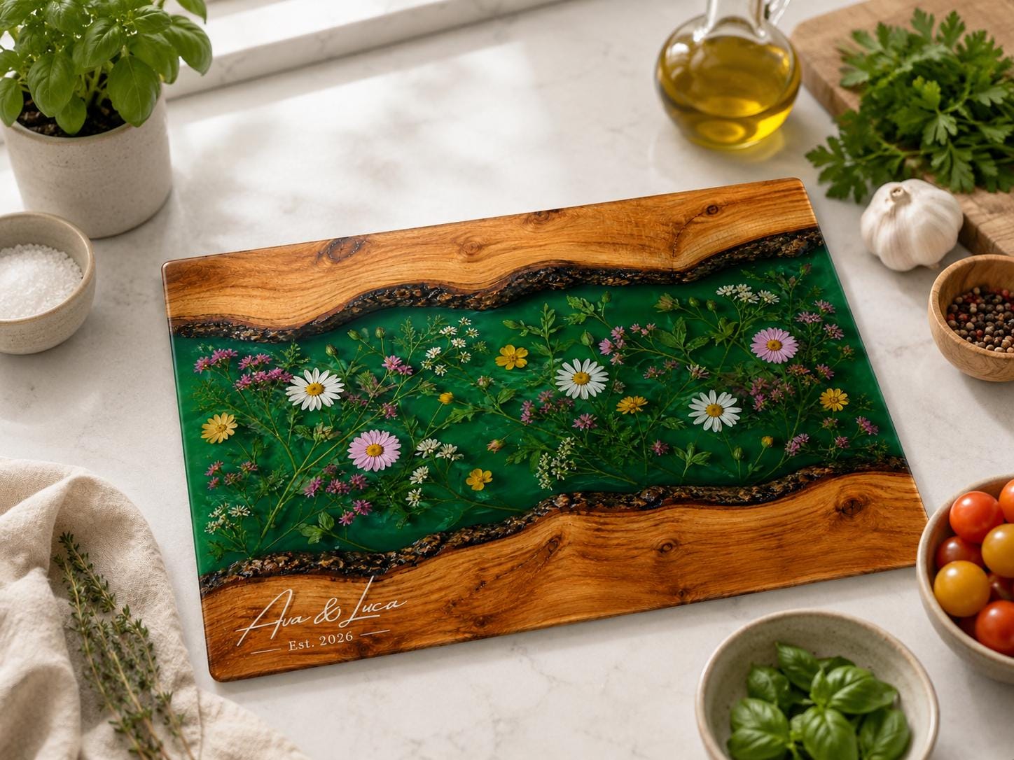 Custom Cutting Board: Blue Resin Style - Personalized Names
