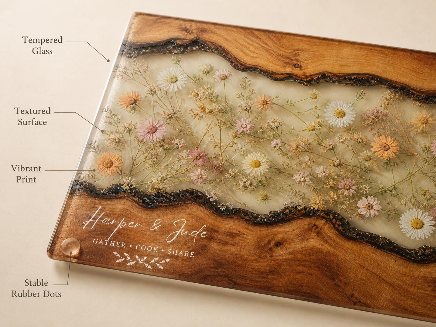 Couples Personalized Cutting Board, Blue Resin and Wood Grain (Custom Names)