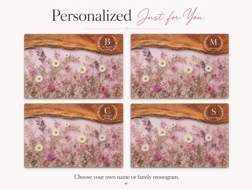Personalized Family Monogram Serving Board, Pink Wildflower Glass Board, Custom Housewarming Gift