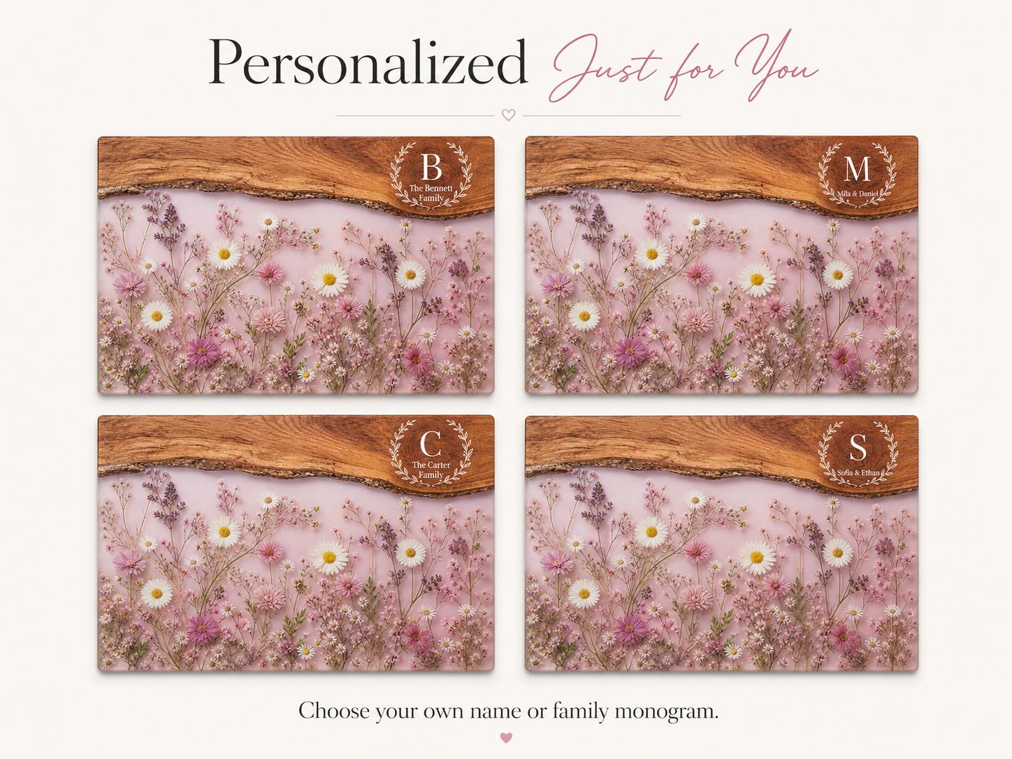 Personalized Family Monogram Serving Board, Pink Wildflower Glass Board, Custom Housewarming Gift