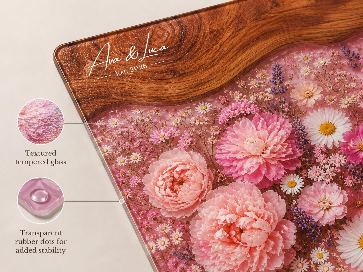 Personalized Floral Cutting Board, Pink Wildflower Glass Board, Custom Kitchen Gift