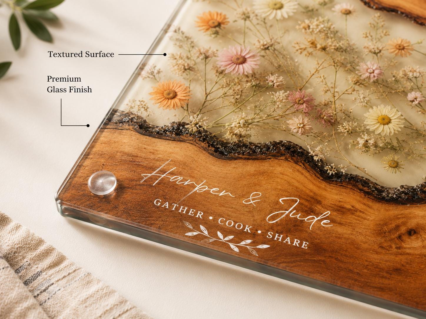 Couples Personalized Cutting Board, Blue Resin and Wood Grain (Custom Names)