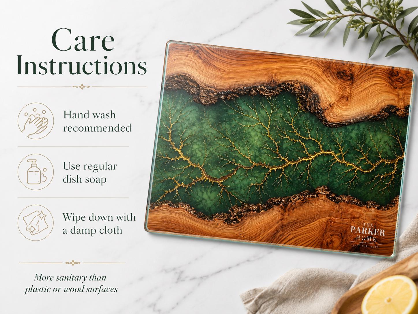 Personalized Emerald Geode Glass Board, Custom Family Kitchen Decor, Wood Look Housewarming Gift