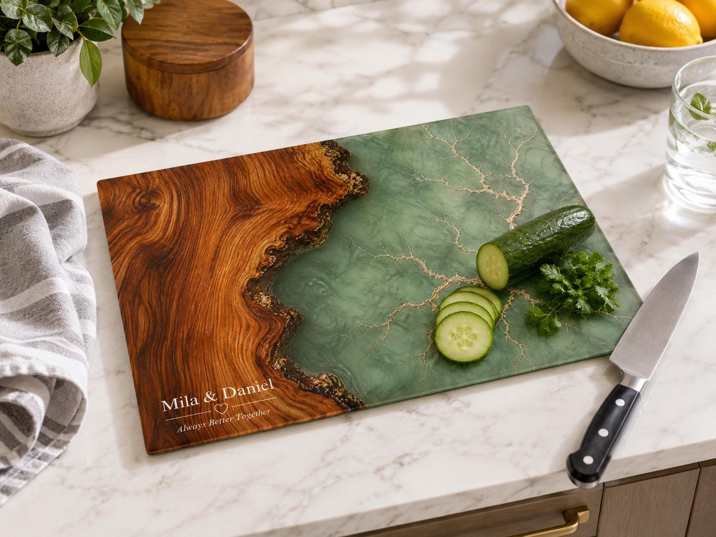 Personalized Charcuterie Board, Green Marble Glass Cutting Board, Custom Couple Gift