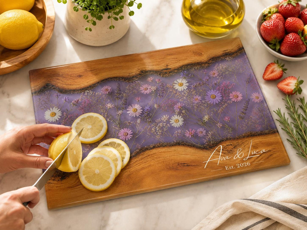 Glass Charcuterie Board - Custom Names, Blue and Wood Grain Design