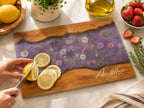 Glass Charcuterie Board - Custom Names, Blue and Wood Grain Design