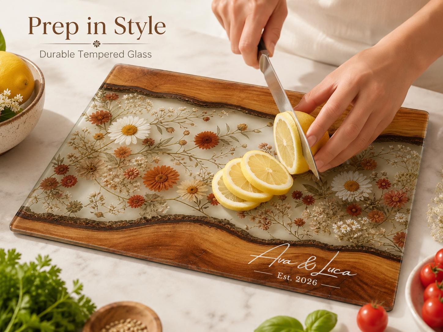Personalized Floral Cutting Board, Custom Wood Chopping Board, Wildflower Charcuterie Board, Cheese Board Serving Tray