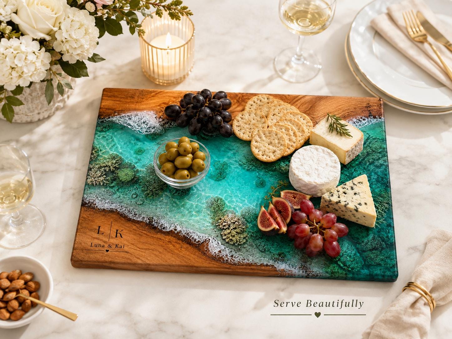Personalized Glass Cutting Board: Blue Resin Look, Custom Names