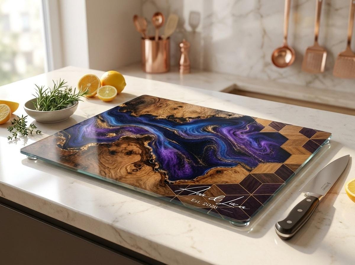 Personalized Glass Chopping Board, Blue Purple Resin River Look, Custom Family Name Kitchen Gift