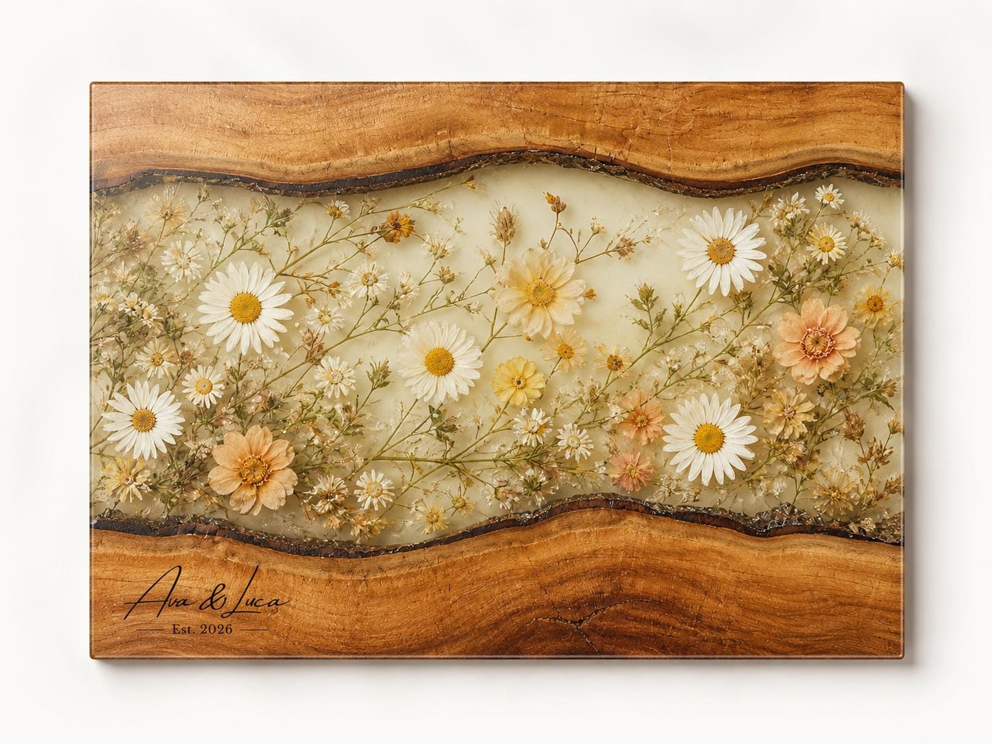 Personalized Floral Cutting Board, Neutral Daisy Glass Board, Custom Wedding Kitchen Gift