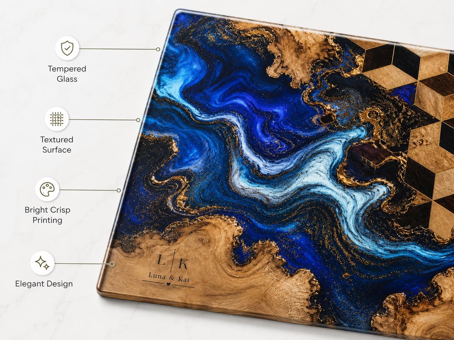 Personalized Glass Cutting Board, Blue Resin & Wood Design (8x11 or 11x15)
