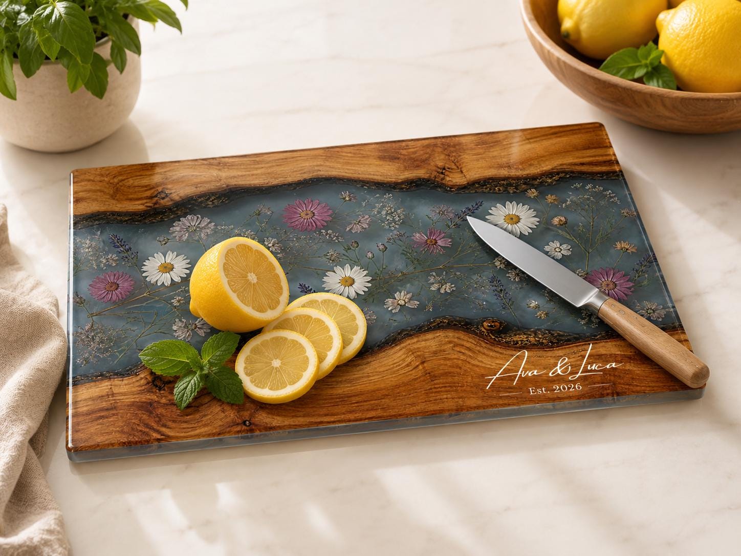 Personalized Cutting Board, Blue Floral Cheese Board, Custom Kitchen Gift
