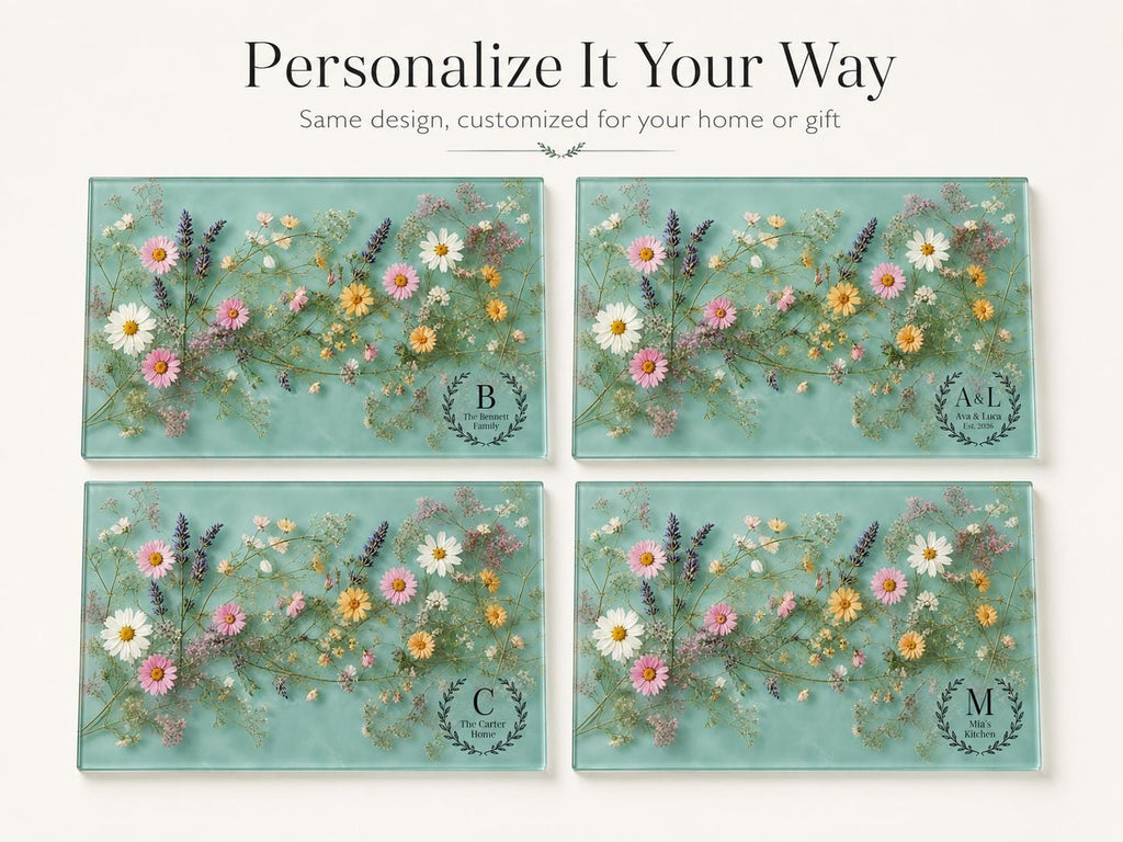 Personalized Glass Cutting Board: Blue Resin Look with Gold Accents