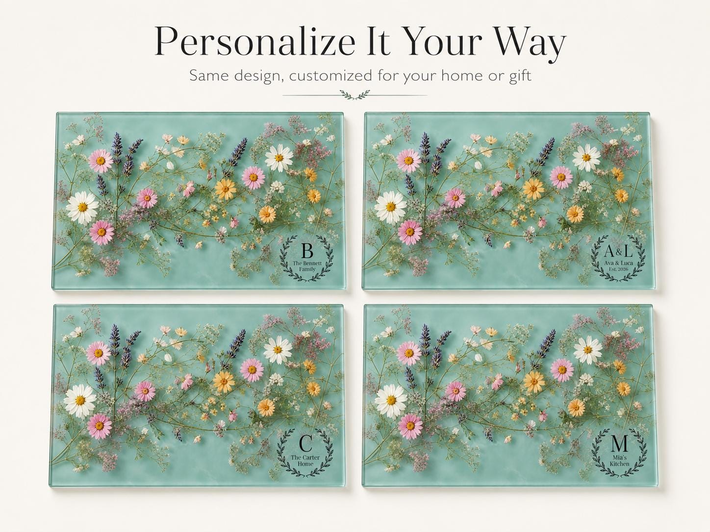 Personalized Glass Cutting Board: Blue Resin Look with Gold Accents