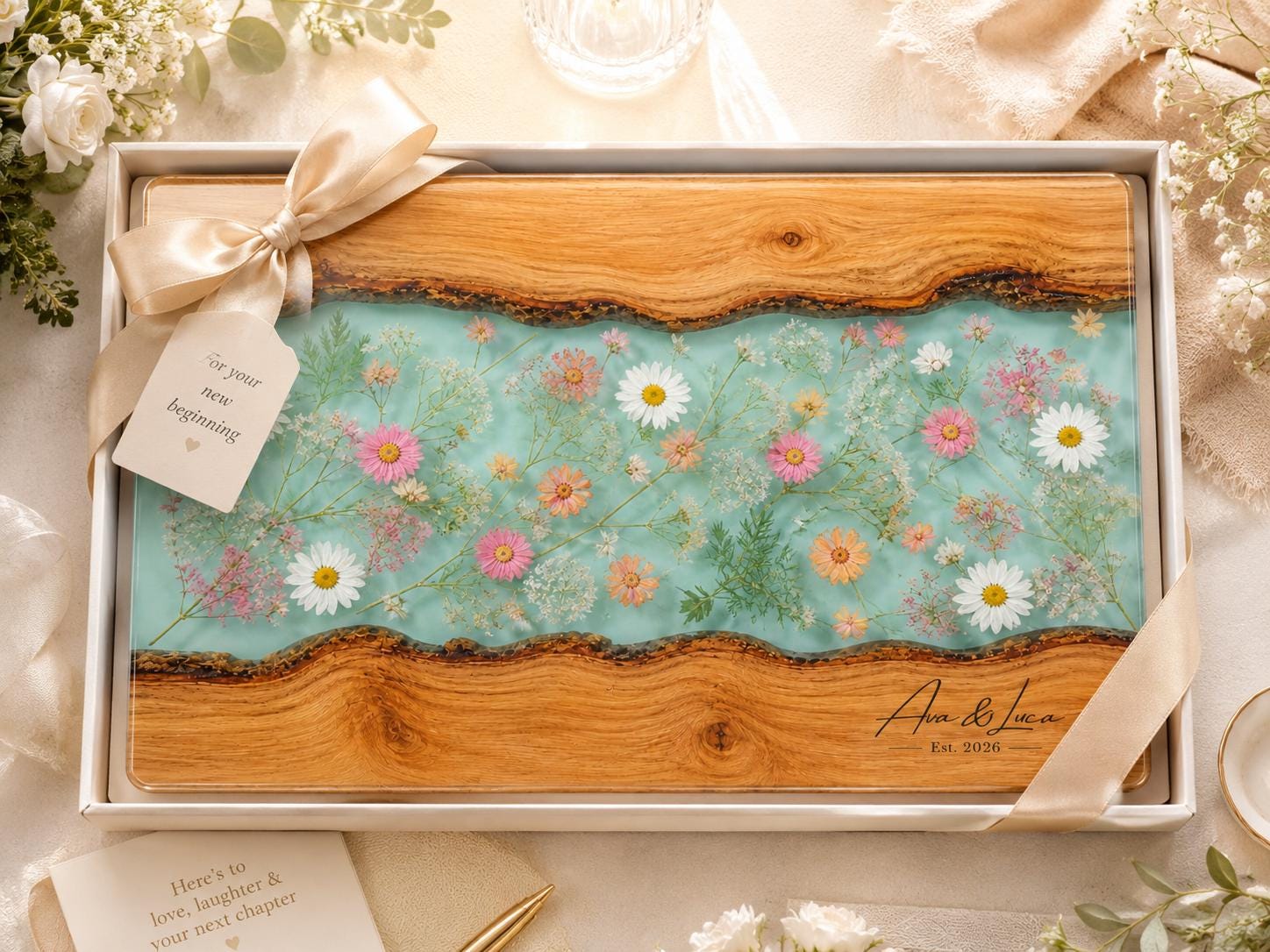 Personalized Glass Cutting Board: Blue Resin Look with Gold Accents