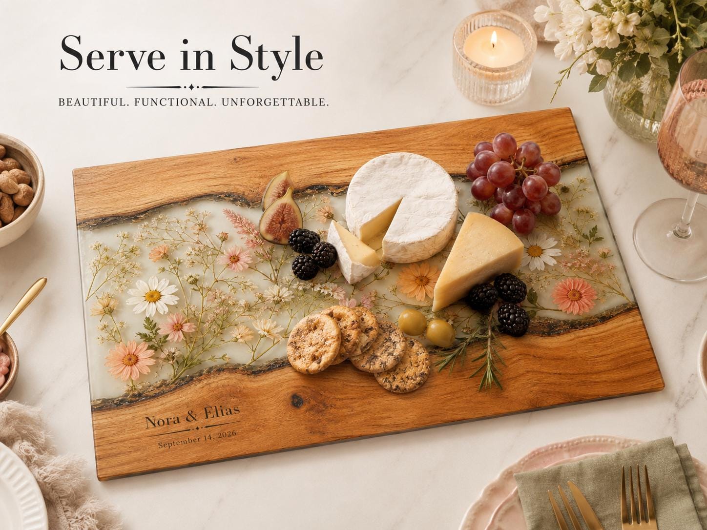 Personalized Cutting Board, Ivory Floral Cheese Board, Wedding Gift Idea