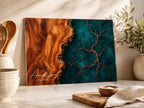 Personalized Charcuterie Board, Dark Teal Marble Glass Cutting Board, Custom Couple Gift