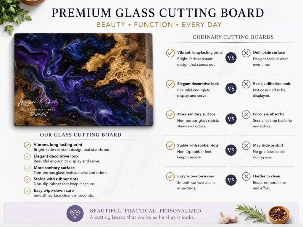Glass Cutting Board: Personalized Blue Resin Style (Wedding or Housewarming)