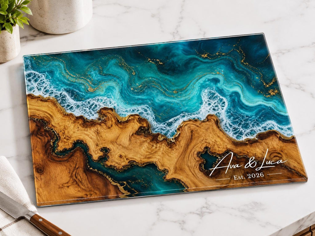 Personalized Cutting Board, Ocean Wave Charcuterie Board, Coastal Kitchen Gift